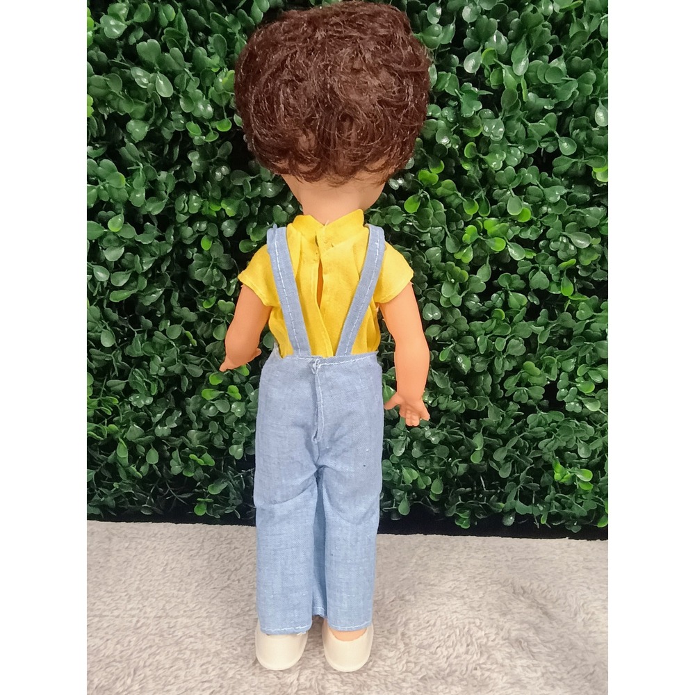 Vintage Plastic Doll Blue Overalls Yellow Shirt Blue Eyes Curly Hair Hong Kong - Picture 10 of 10